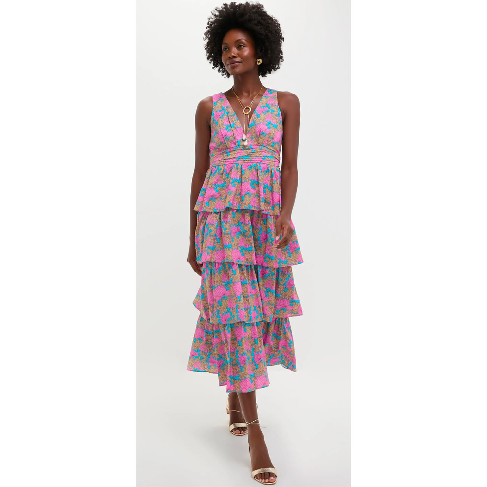 Hyacinth House Floral Tiered Midi Dress XL Pink Blue Cotton NWT Resort Boho